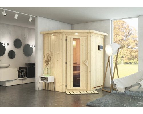 Helle Sauna aus Holz mit Glastür in modernem Badezimmer