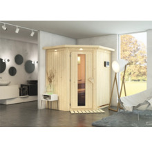 Sauna aus Holz im Badezimmer mit Glastür und digitalem Bedienfeld