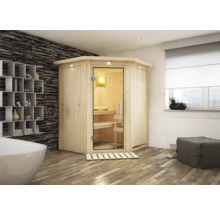 Moderne Badezimmerszene mit einer hölzernen Sauna mit Glastür.