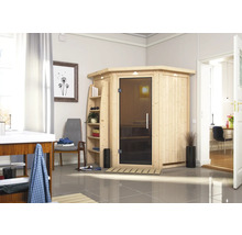 Ecksauna mit Glastür und Regal im hellen Badezimmer