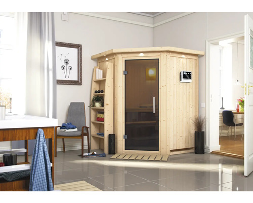 Innenraumbild mit einer Sauna aus Holz mit Glastür und Steuerungselementen