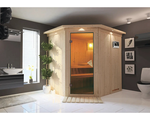 Ecksauna im Badezimmer mit Waschbecken, Toilette und Dekoration