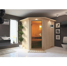 Helle Badezimmerszene mit einer Ecksauna aus Holz und Glastür.