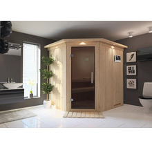 Badezimmer mit Ecksauna, Waschbecken und Toilette
