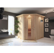 Helle Holzsauna mit Glastür in einem Badezimmer