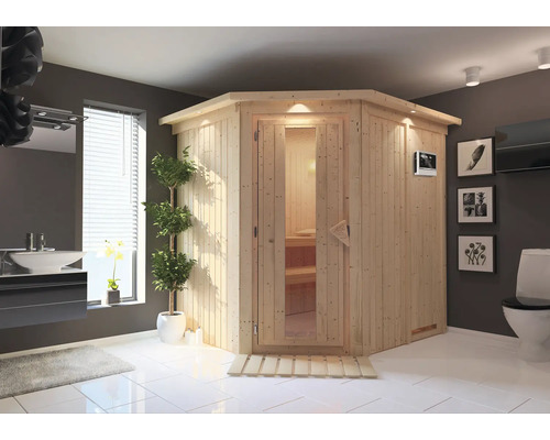 Plug & Play Sauna Karibu Achat VII inkl. 3,6 kW Ofen u.ext.Steuerung mit Dachkranz und Holztüre aus Isolierglas wärmegedämmt Helle Holzsauna mit Glastür in einem Badezimmer