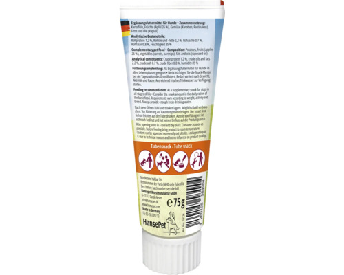 Hundesnack in Tubenform mit 75 Gramm Inhalt