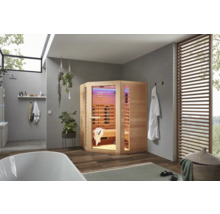Helles Badezimmer mit Badewanne und Home Deluxe Sauna.