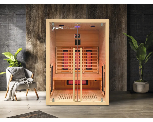 Infrarotsauna mit Holzbänken und Infrarotstrahlern