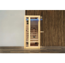 Offene Infrarotsauna aus Holz mit Glasfront
