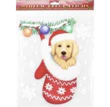 Fensterdekoration mit Weihnachtsmotiv: Hund in Weihnachtssocke