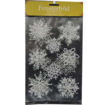 Fensterbild mit statisch haftenden Schneeflocken