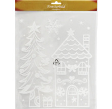 Selbstklebende Fensterbilder mit Weihnachtsmotiven, darunter Baum, Haus und Schneeflocke.