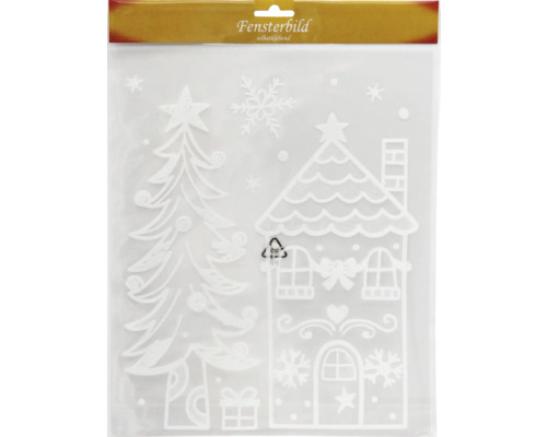Selbstklebende Fensterbilder mit Weihnachtsmotiven, darunter Baum, Haus und Schneeflocke.