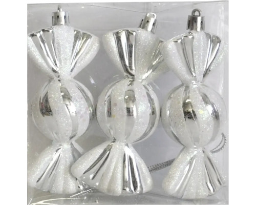 KS BEHANG BONBON 10CM/3STK Drei silberfarbene Bonbon-Christbaumkugeln