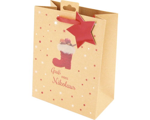 NIKOLAUS TT KRAFTBRAUN STIEFEL Geschenktüte mit Nikolausmotiv und Sternanhänger