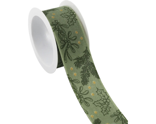 BAUMWOLLBAND SAISON GRÜN MISTELZWEIGE Dekoratives Geschenkband mit Pflanzenmotiven auf einer Spule