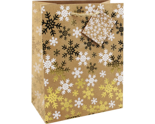 Geschenktüte mit Schneeflockenmuster und Anhänger