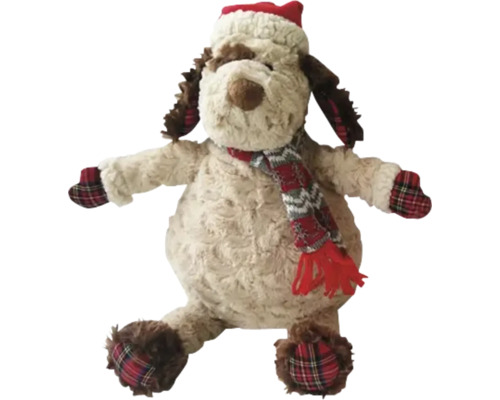 PLUESCHHUND CREME/BRAUN 25CM Stofftier Hund mit Weihnachtsmütze und Schal