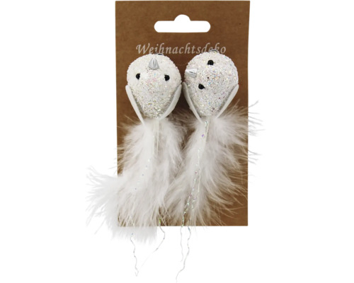 VOGELCLIP 2 STK WEISS Zwei glitzernde Vogel Weihnachtsbaumhänger mit Federn