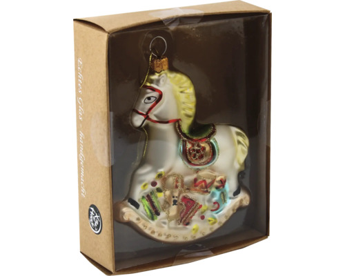 Weihnachtsbaumschmuck Schaukelpferd aus Glas in Verpackung