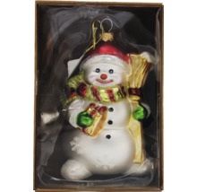 Schneemann Weihnachtsbaumschmuck mit Besen und Geschenk in Verpackung