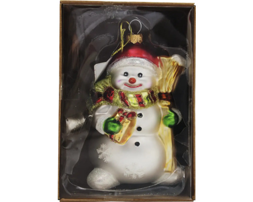 Schneemann Weihnachtsbaumschmuck mit Besen und Geschenk in Verpackung