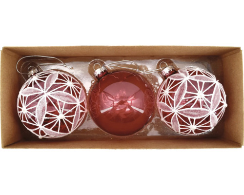 GLASKUGEL 8CM BLUMENMUSTER Drei rote Weihnachtskugeln in einer Box, zwei davon mit weißem Dekor