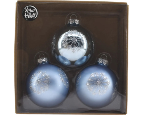GLASKUGEL DEKORIERT 7CM/3STK Verpackung mit drei Weihnachtskugeln mit Schneeflockenmuster