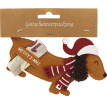 Gutscheinverpackung in Dackelform mit Weihnachtsmotiv