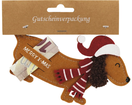 Gutscheinverpackung in Dackelform mit Weihnachtsmotiv