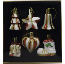 Set mit sechs rot-weißen Christbaumkugeln in verschiedenen Formen