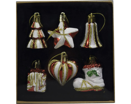 Set mit sechs rot-weißen Christbaumkugeln in verschiedenen Formen