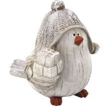 Dekorative Vogel-Figur mit Mütze und Geschenk in der Hand