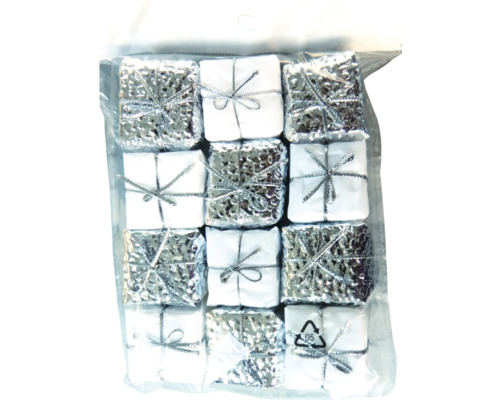 Verpackung mit neun Deko-Geschenken mit Schleife