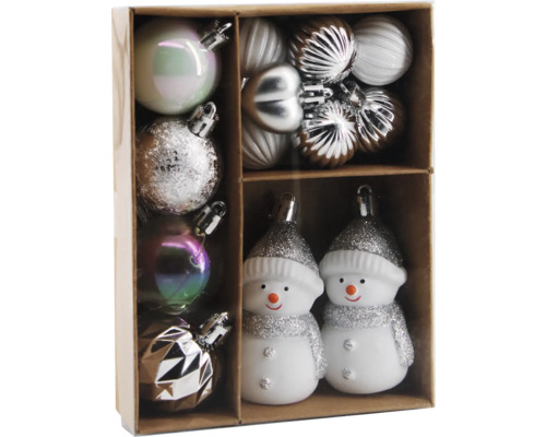 W.BAUMBEHANG KS MIX SILBER 14 STK Verschiedene Weihnachtskugeln und Schneemannfiguren in einer Box