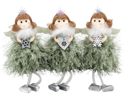 TEXTIL ENGEL GRUEN MIT KRONE Drei Weihnachtsengel Figuren mit Krone, Flügeln und verschiedenen Symbolen