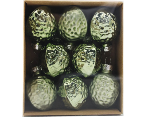 BAUMBEHANG WALNUSS 8STK SALBEIGRÜN Verpackung mit neun grünen Weihnachtskugeln mit unebener Oberfläche
