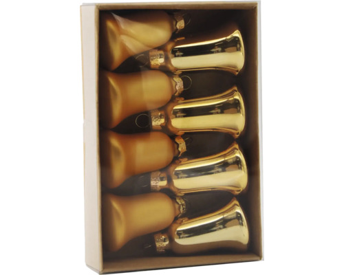 BAUMBEHANG GLOCKEN 8 STK GOLD Karton mit goldenen Trompeten Christbaumschmuck