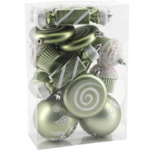 Verpackung mit Christbaumschmuck in Bonbonform und Kugeln