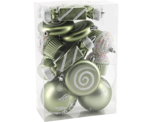 Verpackung mit Christbaumschmuck in Bonbonform und Kugeln