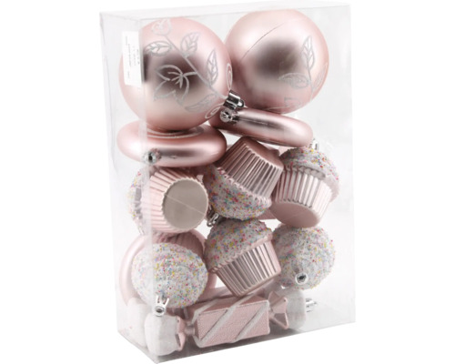 BAUMBEHANG 15 STK ROSA Verschiedene Christbaumkugeln in Geschenkverpackung