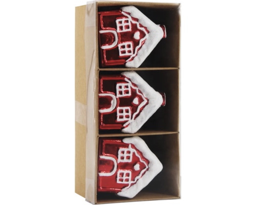 W.BAUMBEHANG KS HAUS 3 STK ROT Drei Hausförmige Christbaumkugeln in einer Box