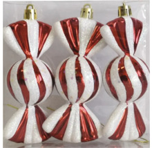 Drei Bonbon-förmige Christbaumkugeln mit Streifenmuster