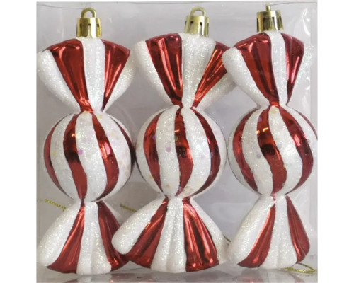 Drei Bonbon-förmige Christbaumkugeln mit Streifenmuster