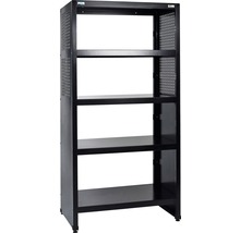 Schwarzes Metallregal mit vier Regalböden für Lager und Organisation