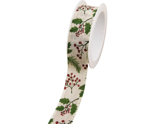 Weihnachtsdekoration Baumwollband 2,5 cm natur Mistel Dekoratives Band mit Winterbeerenmuster auf einer Rolle
