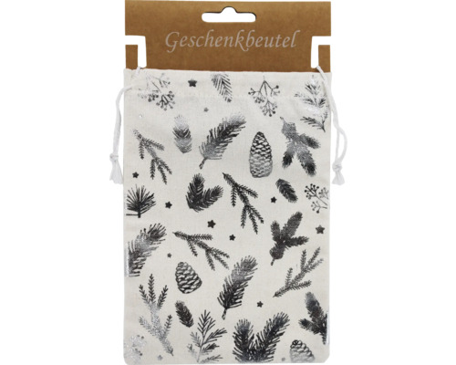 Weihnachtsdekoration Stoffbeutel Zweige silber Geschenktüte mit Tannenzapfen- und Tannenzweigdesign