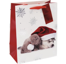 Geschenktüte mit Katzen- und Hundemotiv mit Weihnachtsmannmütze