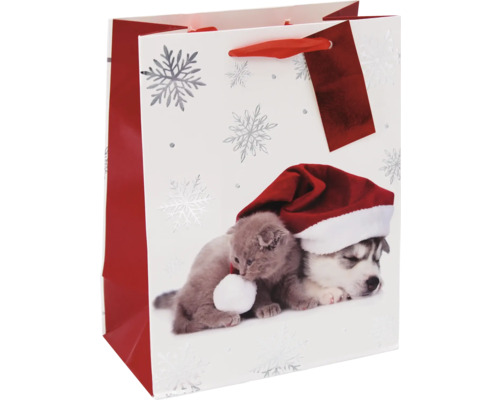 W.TT.MITTEL HUNDKATZE Geschenktüte mit Katzen- und Hundemotiv mit Weihnachtsmannmütze